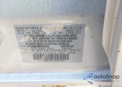 2021 Nissan Versa Sv Xtronic Cvt z USA, uszkodzony, nr VIN 3N1CN8EV0ML834153